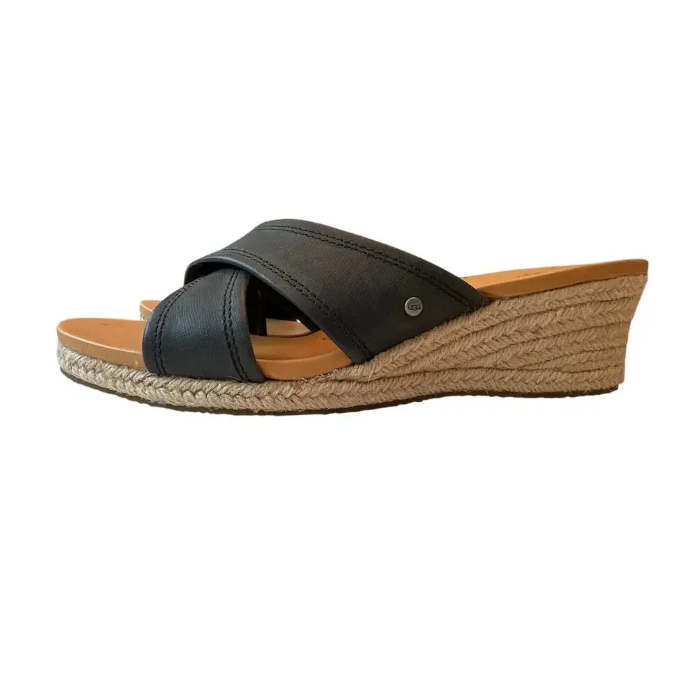 UGG Gwyn NWOT Black Leather Crisscross Espadrille Wedge Sandals Slides Size 10